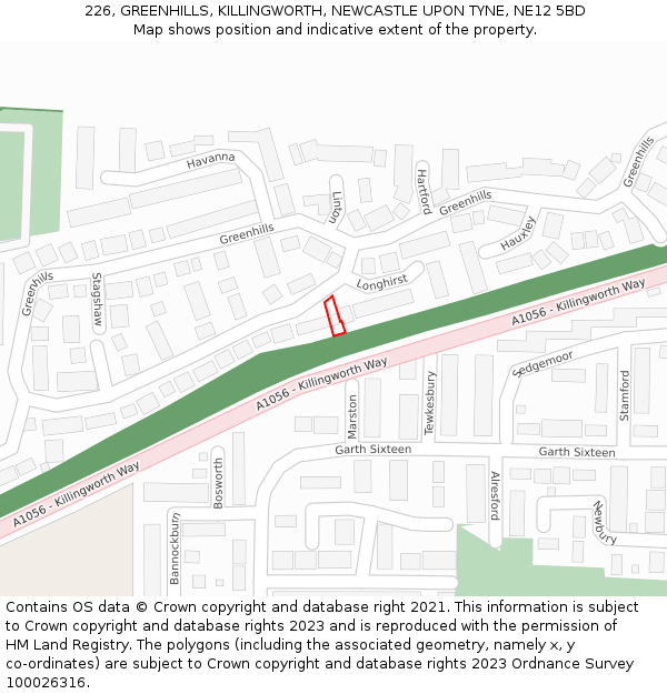 226, GREENHILLS, KILLINGWORTH, NEWCASTLE UPON TYNE, NE12 5BD: Location map and indicative extent of plot