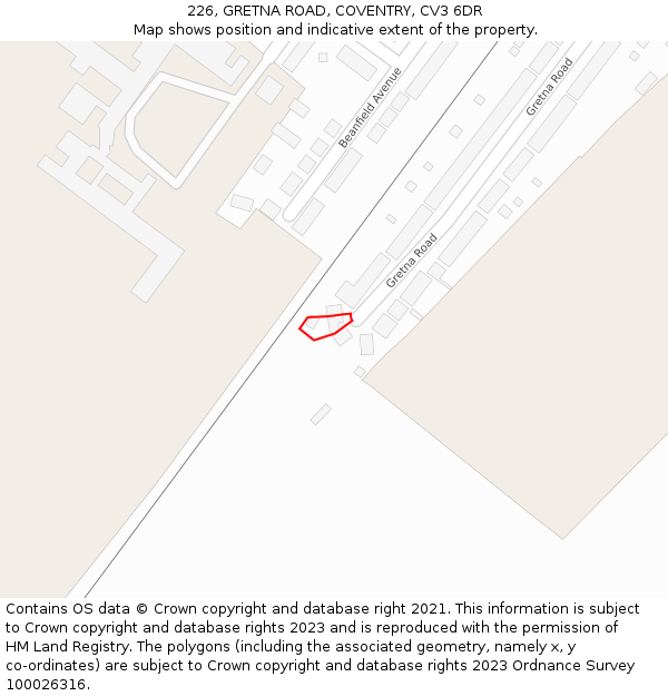 226, GRETNA ROAD, COVENTRY, CV3 6DR: Location map and indicative extent of plot