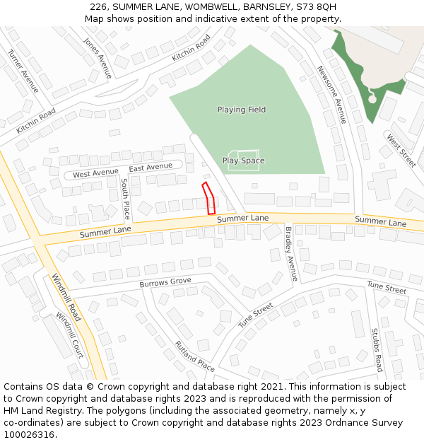 226, SUMMER LANE, WOMBWELL, BARNSLEY, S73 8QH: Location map and indicative extent of plot