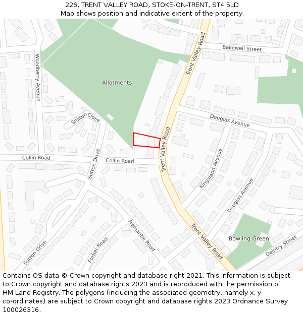 226, TRENT VALLEY ROAD, STOKE-ON-TRENT, ST4 5LD: Location map and indicative extent of plot