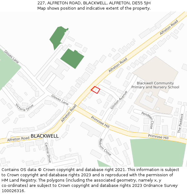 227, ALFRETON ROAD, BLACKWELL, ALFRETON, DE55 5JH: Location map and indicative extent of plot