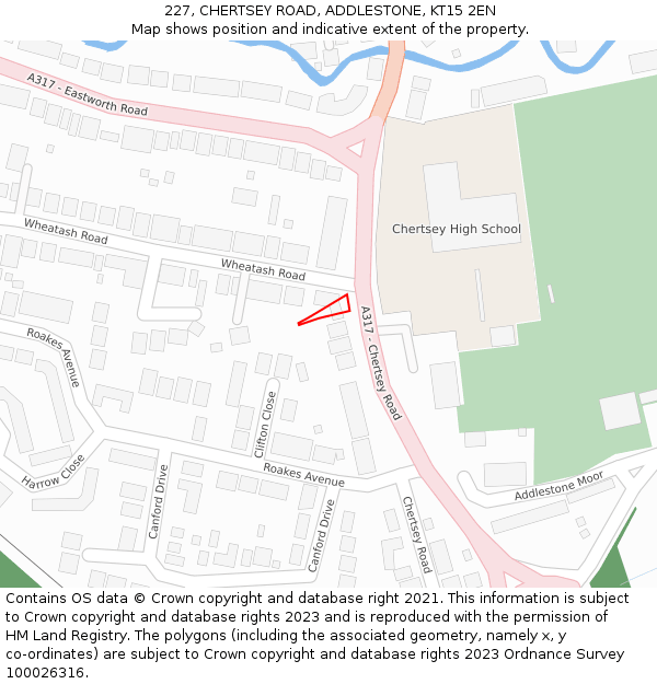 227, CHERTSEY ROAD, ADDLESTONE, KT15 2EN: Location map and indicative extent of plot