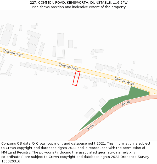 227, COMMON ROAD, KENSWORTH, DUNSTABLE, LU6 2PW: Location map and indicative extent of plot