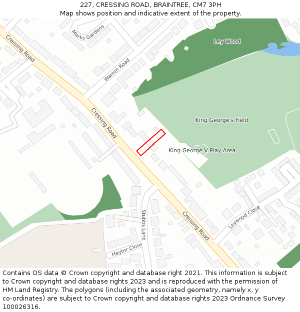 227, CRESSING ROAD, BRAINTREE, CM7 3PH: Location map and indicative extent of plot