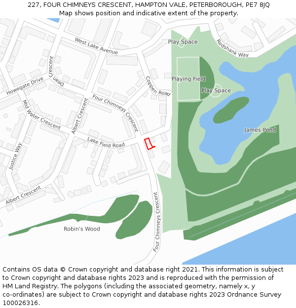 227, FOUR CHIMNEYS CRESCENT, HAMPTON VALE, PETERBOROUGH, PE7 8JQ: Location map and indicative extent of plot