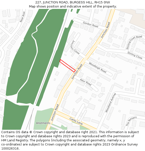 227, JUNCTION ROAD, BURGESS HILL, RH15 0NX: Location map and indicative extent of plot