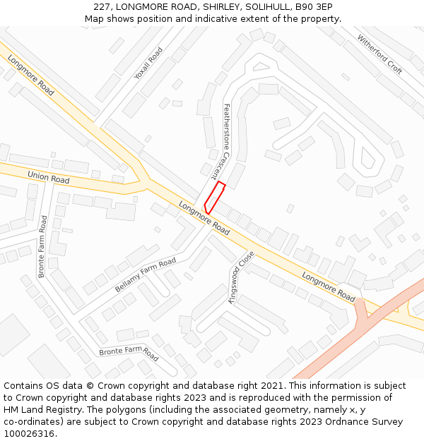 227, LONGMORE ROAD, SHIRLEY, SOLIHULL, B90 3EP: Location map and indicative extent of plot