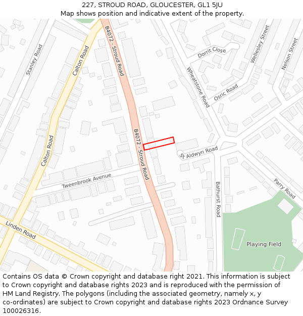 227, STROUD ROAD, GLOUCESTER, GL1 5JU: Location map and indicative extent of plot