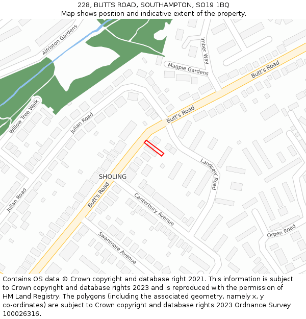 228, BUTTS ROAD, SOUTHAMPTON, SO19 1BQ: Location map and indicative extent of plot