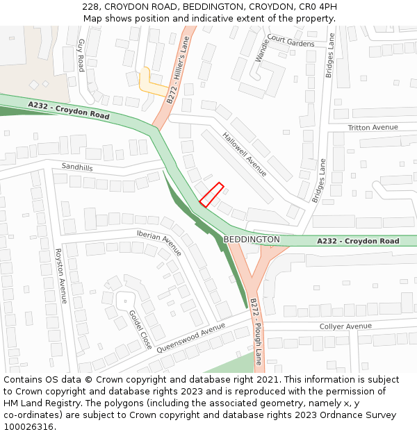 228, CROYDON ROAD, BEDDINGTON, CROYDON, CR0 4PH: Location map and indicative extent of plot