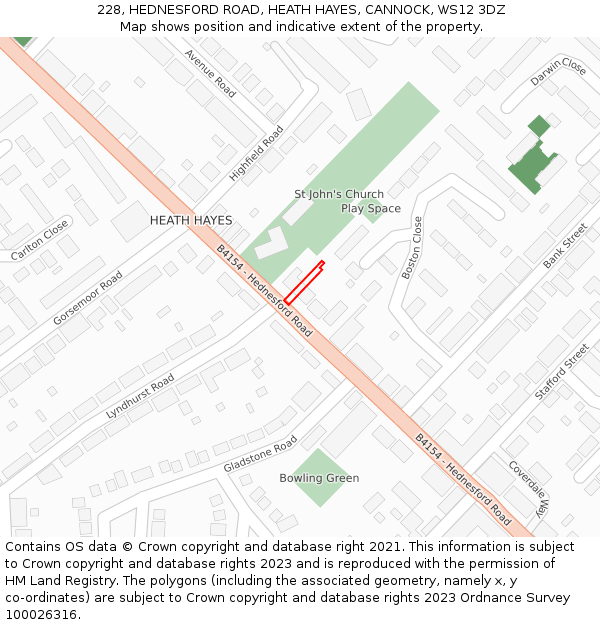 228, HEDNESFORD ROAD, HEATH HAYES, CANNOCK, WS12 3DZ: Location map and indicative extent of plot