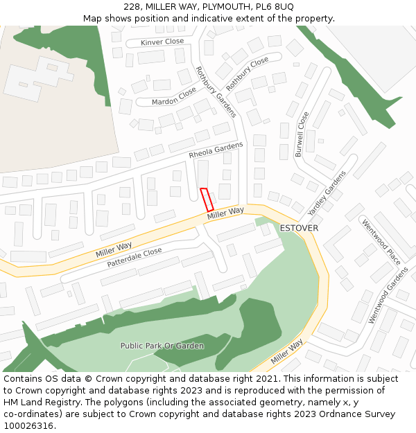 228, MILLER WAY, PLYMOUTH, PL6 8UQ: Location map and indicative extent of plot