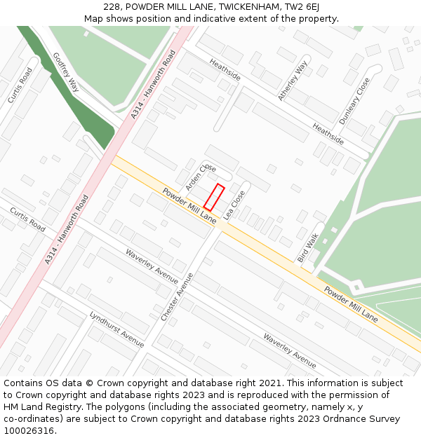 228, POWDER MILL LANE, TWICKENHAM, TW2 6EJ: Location map and indicative extent of plot