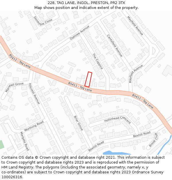 228, TAG LANE, INGOL, PRESTON, PR2 3TX: Location map and indicative extent of plot