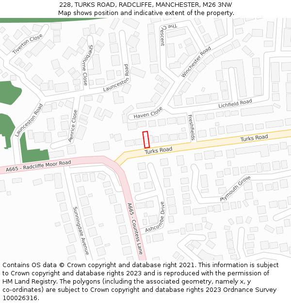 228, TURKS ROAD, RADCLIFFE, MANCHESTER, M26 3NW: Location map and indicative extent of plot