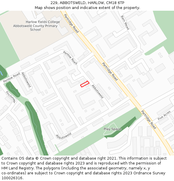 229, ABBOTSWELD, HARLOW, CM18 6TP: Location map and indicative extent of plot