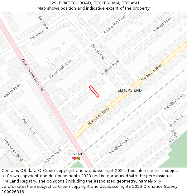 229, BIRKBECK ROAD, BECKENHAM, BR3 4SU: Location map and indicative extent of plot