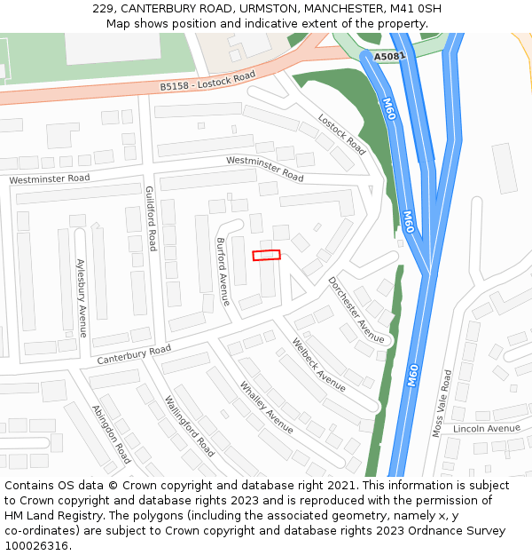 229, CANTERBURY ROAD, URMSTON, MANCHESTER, M41 0SH: Location map and indicative extent of plot