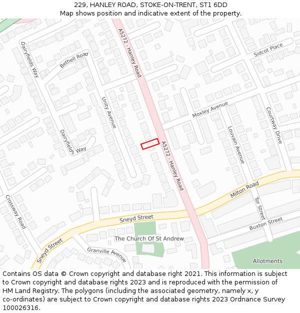 229, HANLEY ROAD, STOKE-ON-TRENT, ST1 6DD: Location map and indicative extent of plot