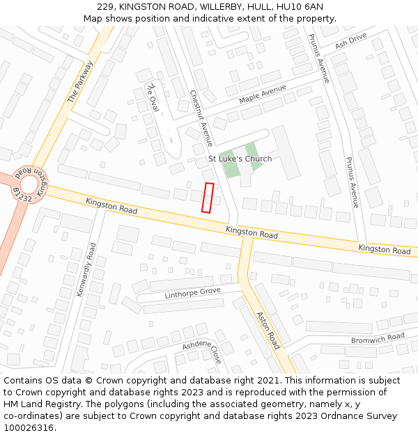 229, KINGSTON ROAD, WILLERBY, HULL, HU10 6AN: Location map and indicative extent of plot