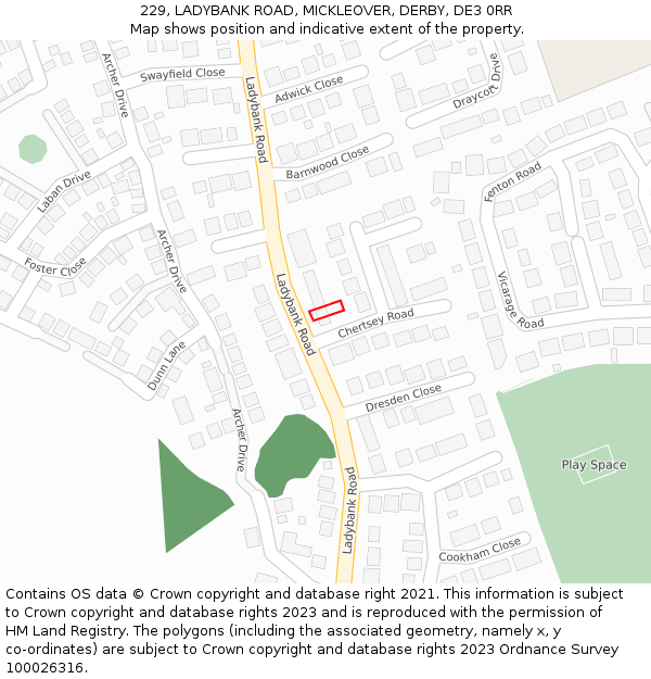 229, LADYBANK ROAD, MICKLEOVER, DERBY, DE3 0RR: Location map and indicative extent of plot