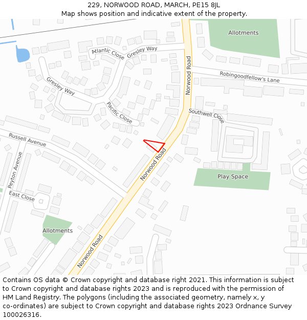 229, NORWOOD ROAD, MARCH, PE15 8JL: Location map and indicative extent of plot