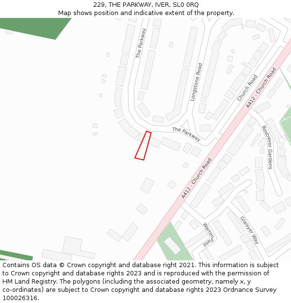 229, THE PARKWAY, IVER, SL0 0RQ: Location map and indicative extent of plot