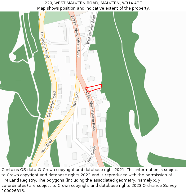 229, WEST MALVERN ROAD, MALVERN, WR14 4BE: Location map and indicative extent of plot