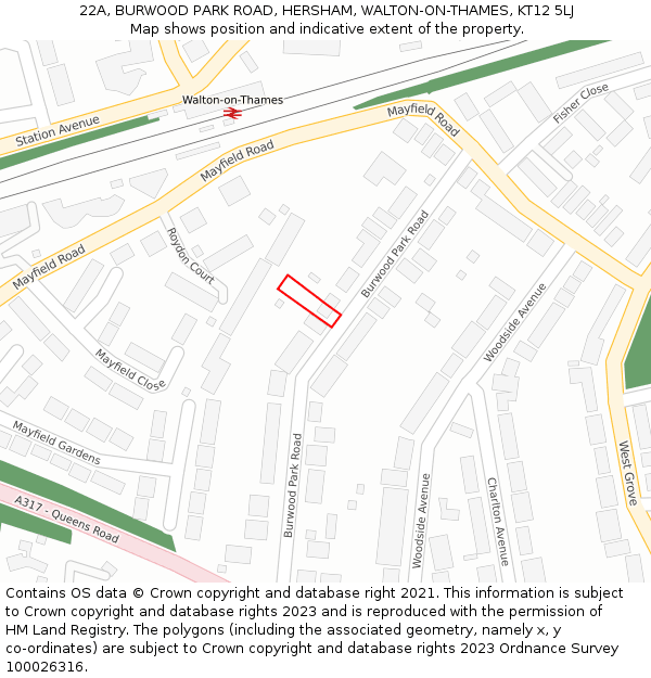 22A, BURWOOD PARK ROAD, HERSHAM, WALTON-ON-THAMES, KT12 5LJ: Location map and indicative extent of plot