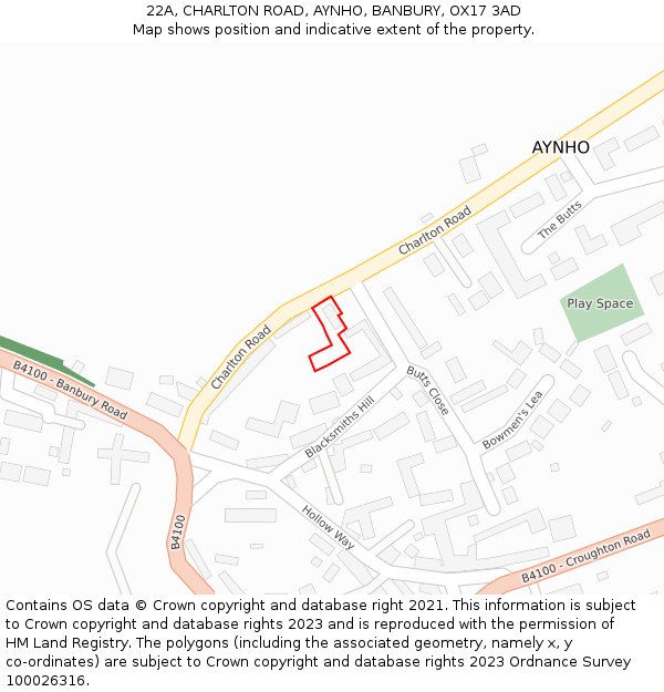 22A, CHARLTON ROAD, AYNHO, BANBURY, OX17 3AD: Location map and indicative extent of plot