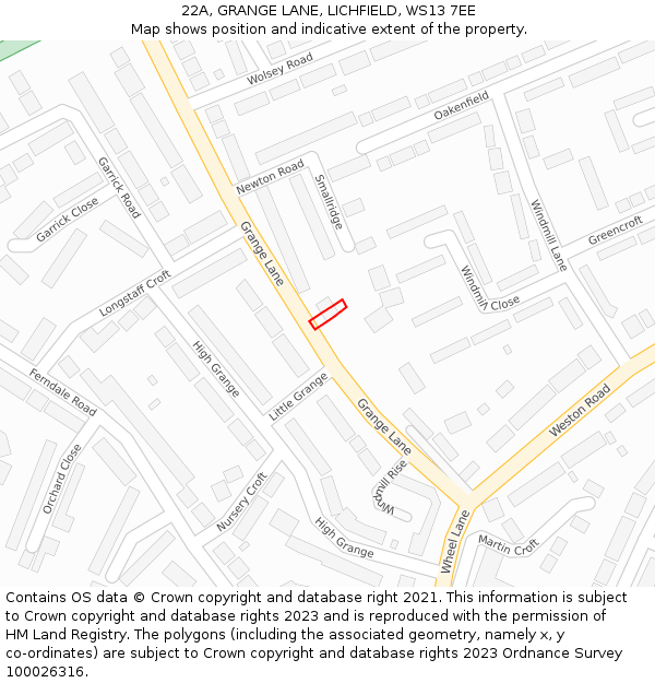 22A, GRANGE LANE, LICHFIELD, WS13 7EE: Location map and indicative extent of plot