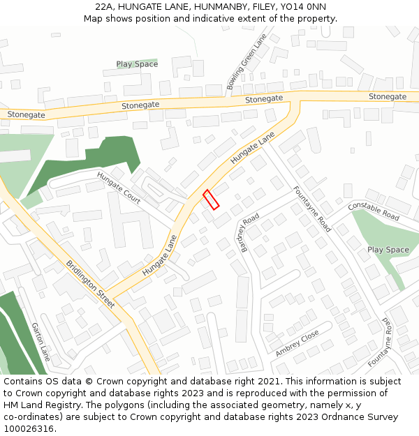 22A, HUNGATE LANE, HUNMANBY, FILEY, YO14 0NN: Location map and indicative extent of plot