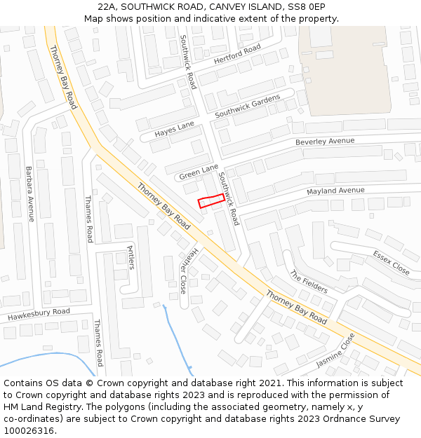 22A, SOUTHWICK ROAD, CANVEY ISLAND, SS8 0EP: Location map and indicative extent of plot