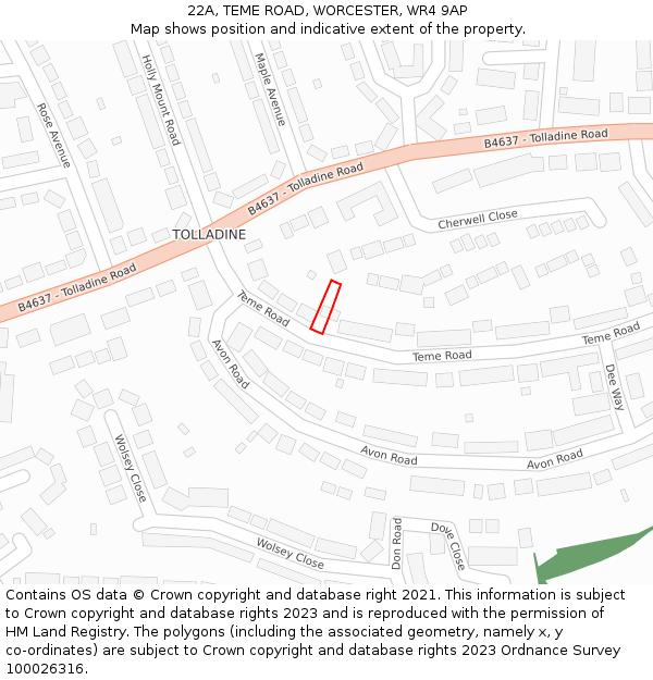 22A, TEME ROAD, WORCESTER, WR4 9AP: Location map and indicative extent of plot