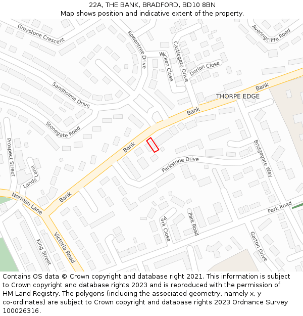 22A, THE BANK, BRADFORD, BD10 8BN: Location map and indicative extent of plot