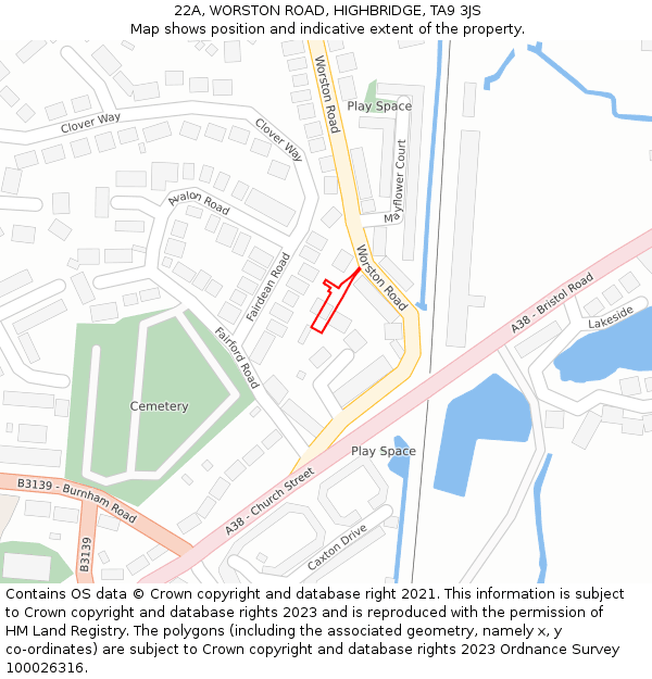 22A, WORSTON ROAD, HIGHBRIDGE, TA9 3JS: Location map and indicative extent of plot