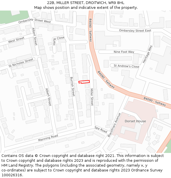 22B, MILLER STREET, DROITWICH, WR9 8HL: Location map and indicative extent of plot