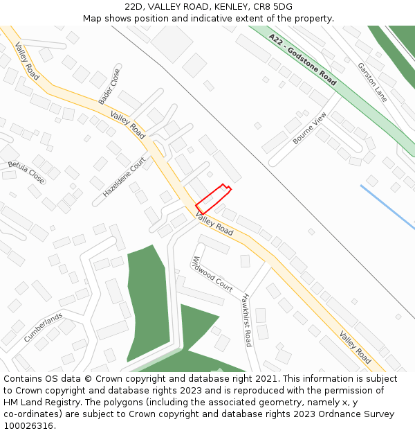 22D, VALLEY ROAD, KENLEY, CR8 5DG: Location map and indicative extent of plot