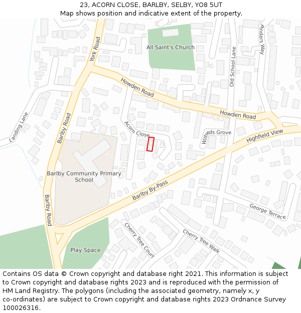 23, ACORN CLOSE, BARLBY, SELBY, YO8 5UT: Location map and indicative extent of plot