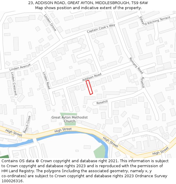 23, ADDISON ROAD, GREAT AYTON, MIDDLESBROUGH, TS9 6AW: Location map and indicative extent of plot