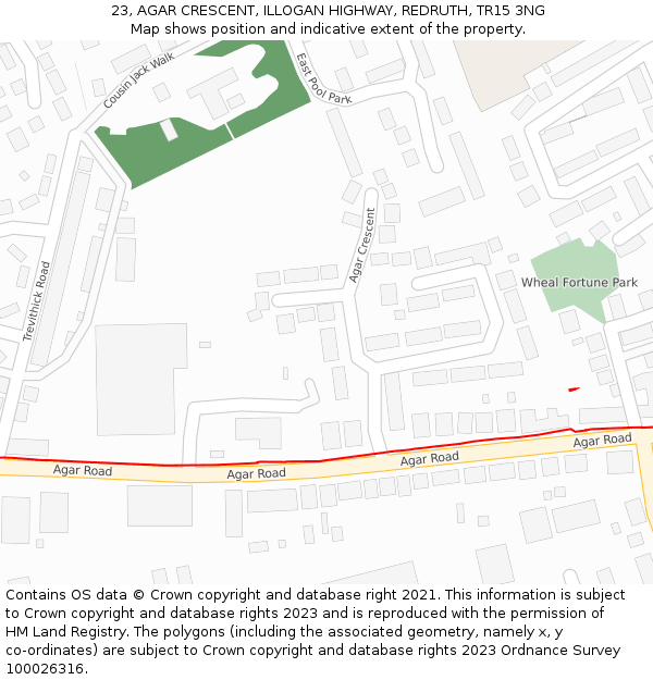 23, AGAR CRESCENT, ILLOGAN HIGHWAY, REDRUTH, TR15 3NG: Location map and indicative extent of plot