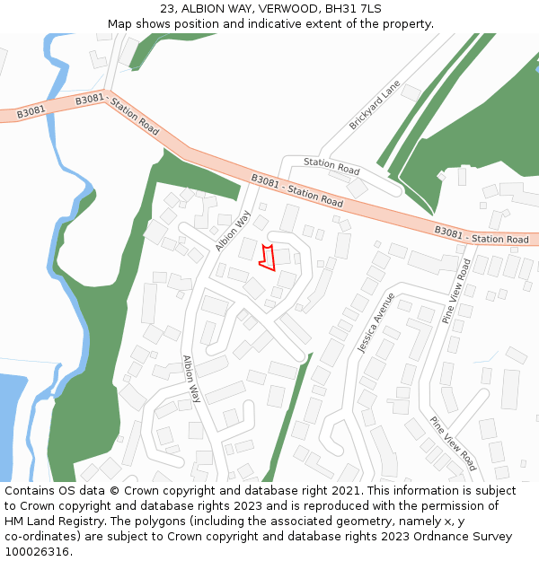 23, ALBION WAY, VERWOOD, BH31 7LS: Location map and indicative extent of plot