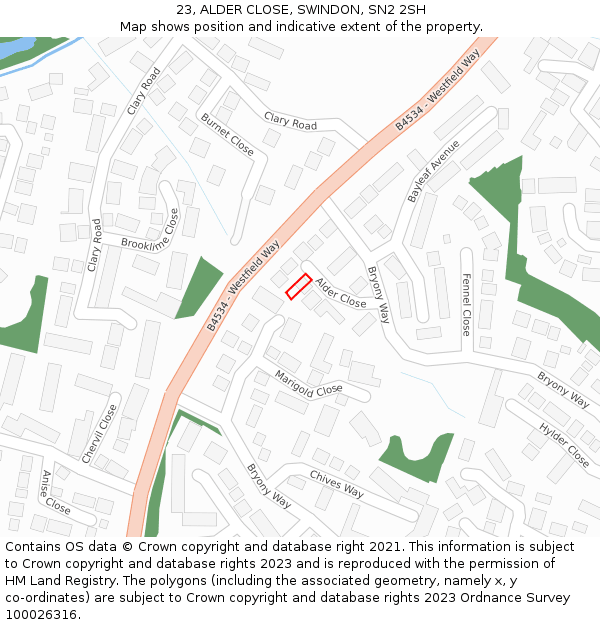 23, ALDER CLOSE, SWINDON, SN2 2SH: Location map and indicative extent of plot