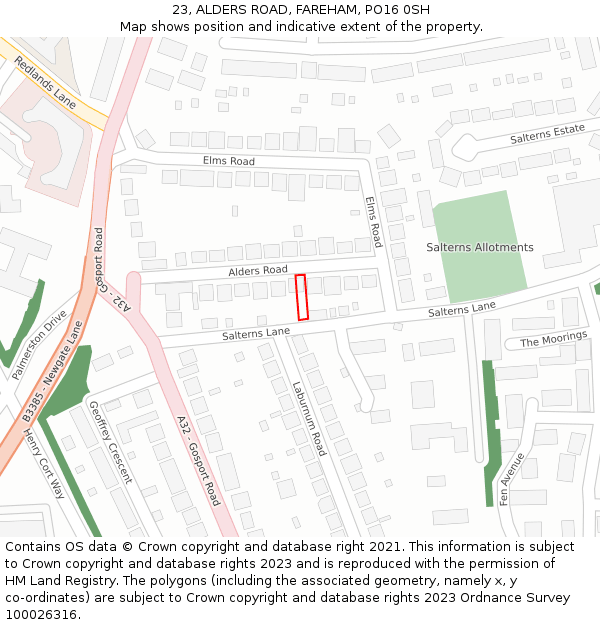 23, ALDERS ROAD, FAREHAM, PO16 0SH: Location map and indicative extent of plot