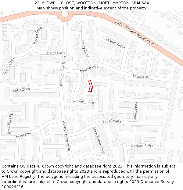 23, ALDWELL CLOSE, WOOTTON, NORTHAMPTON, NN4 6AX: Location map and indicative extent of plot