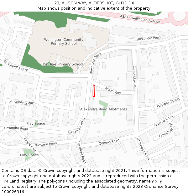 23, ALISON WAY, ALDERSHOT, GU11 3JX: Location map and indicative extent of plot