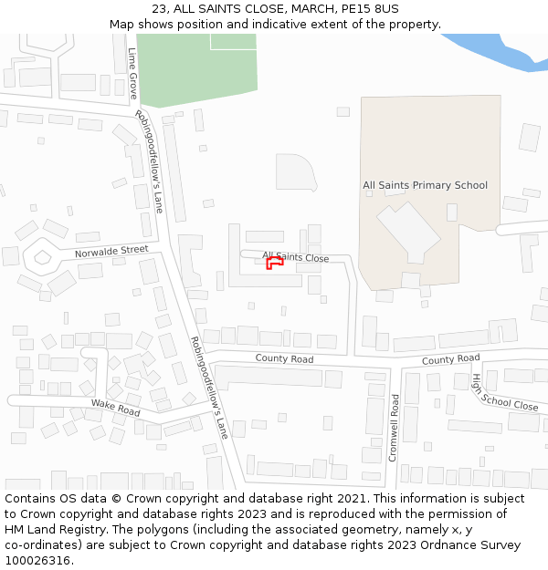 23, ALL SAINTS CLOSE, MARCH, PE15 8US: Location map and indicative extent of plot