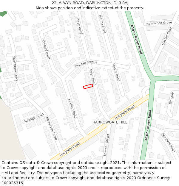 23, ALWYN ROAD, DARLINGTON, DL3 0AJ: Location map and indicative extent of plot