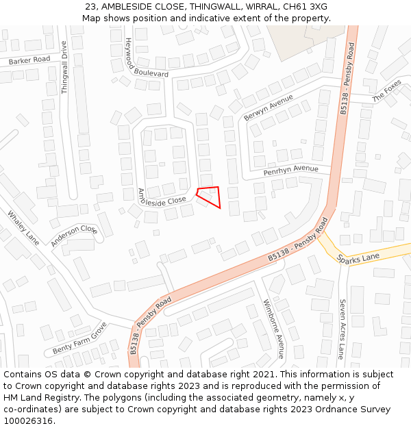 23, AMBLESIDE CLOSE, THINGWALL, WIRRAL, CH61 3XG: Location map and indicative extent of plot