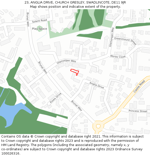 23, ANGLIA DRIVE, CHURCH GRESLEY, SWADLINCOTE, DE11 9JR: Location map and indicative extent of plot